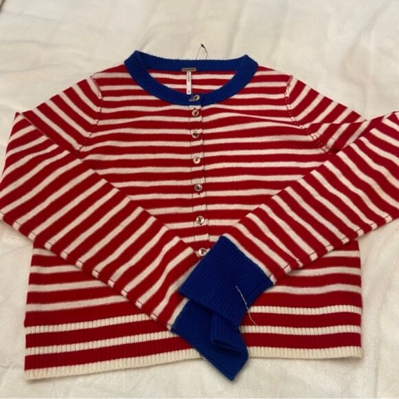 New! Free People nocturnal stripe Red Blue Cardigan sweater 2725 - Picture 6 of 8